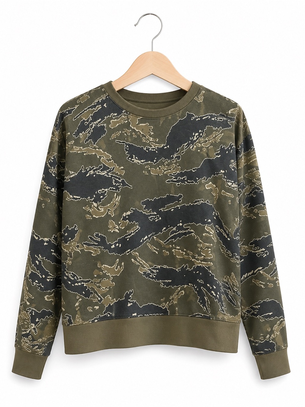 Forever 21 Brushstroke Camo Sweatshirt Olive Black Cropped‎ Medium Tiger